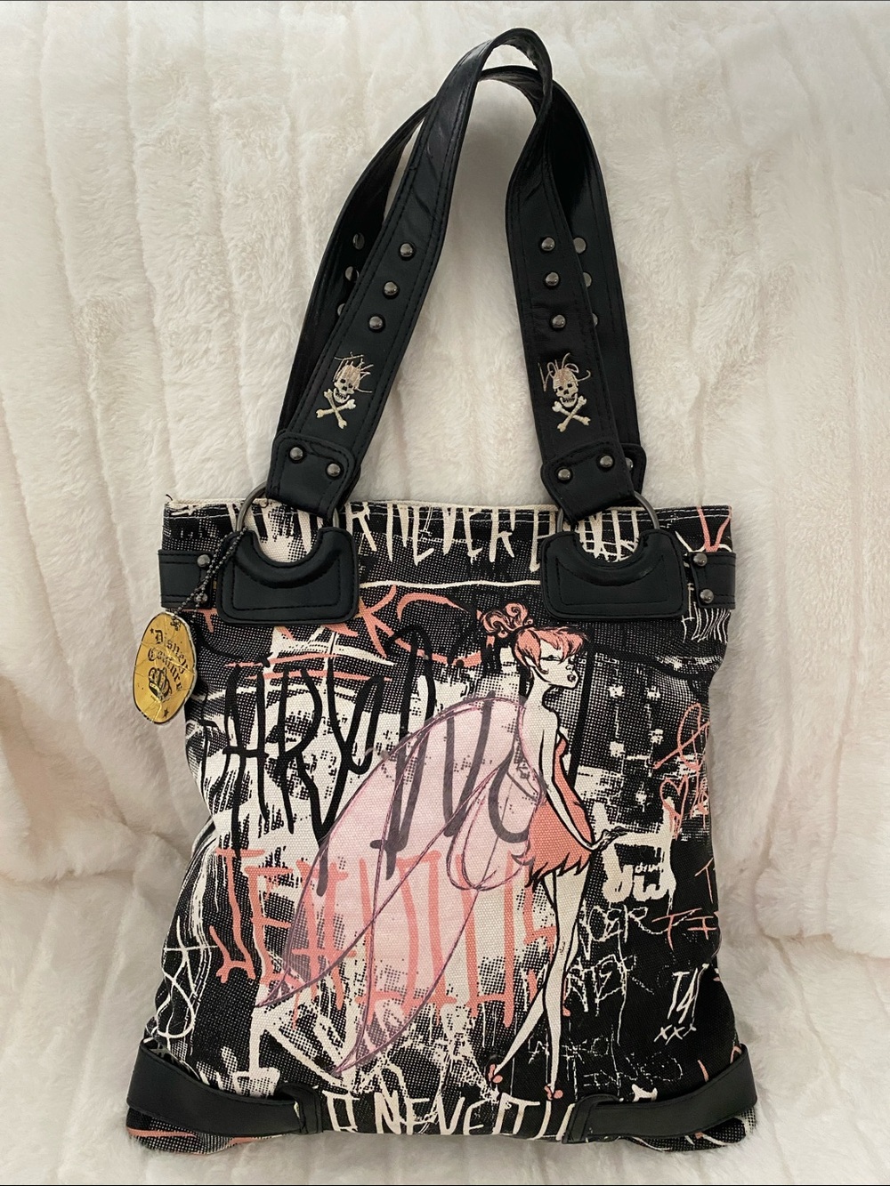 Vintage, Rare Disney Couture by Loop Tinker Bell Graffiti Canvas Tote Bag, Y2K